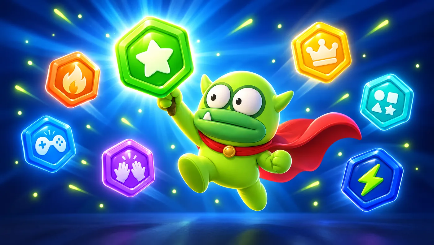 Slime Slayer Oxi holds up a glowing First win badge with more badges around him