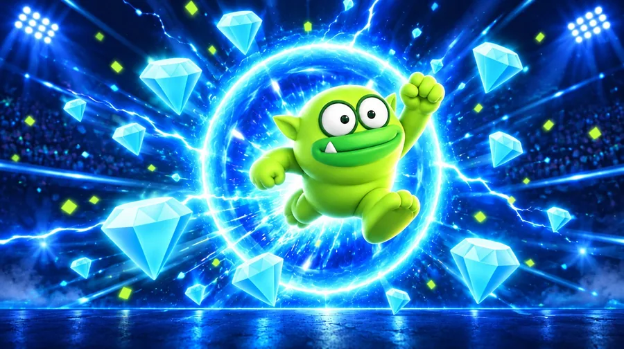 Oxi leaps through a glowing blue portal with Blue Diamonds