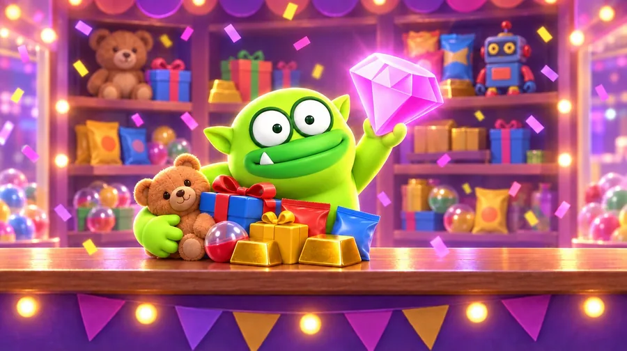 Oxi at the Prize counter holding up a Pink Diamond with a pile of prizes