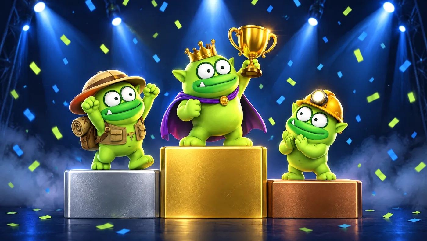 Dice King Oxi holds a trophy on the gold podium, Explorer on silver and Miner on bronze