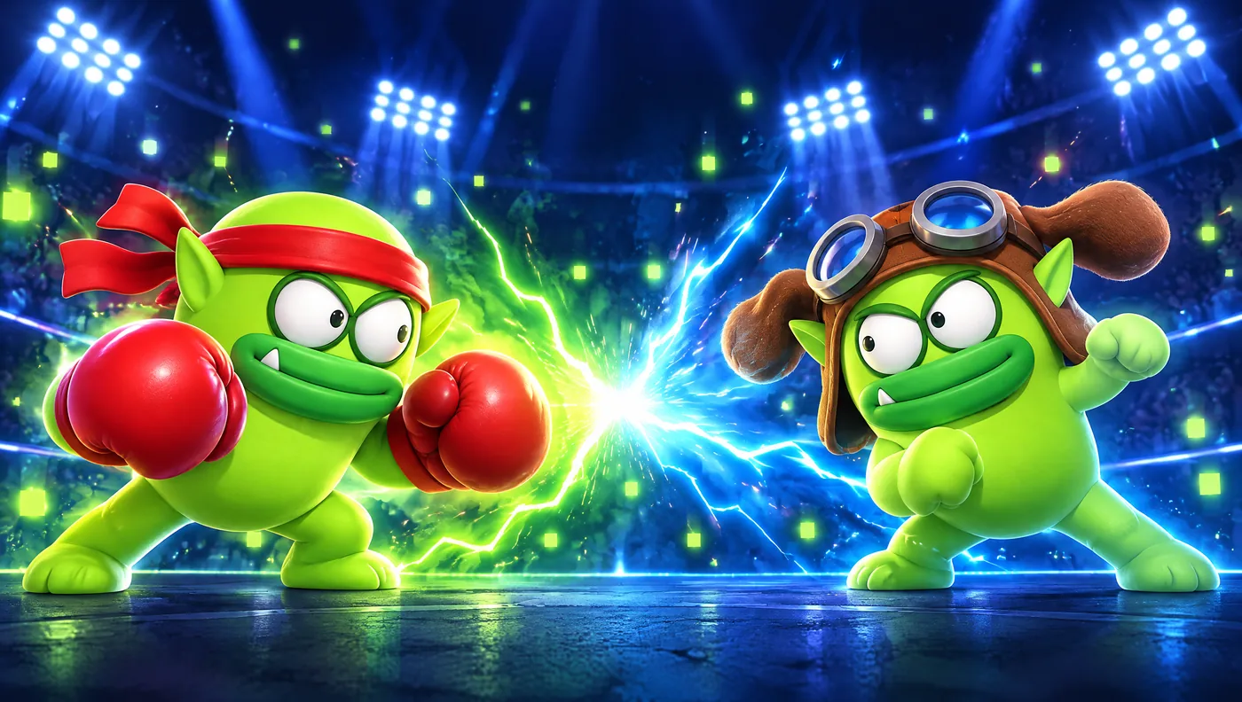 Red Corner Oxi with boxing gloves faces Pup Pilot Oxi in a lime and blue energy clash