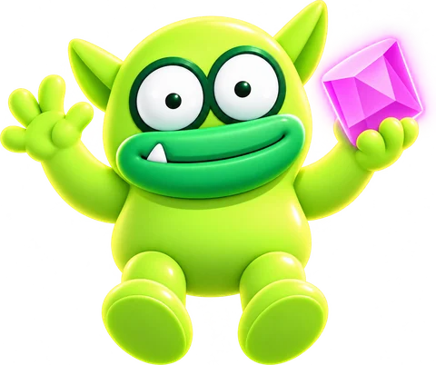 Oxi sits on top of the prize counter and holds up a Pink Diamond